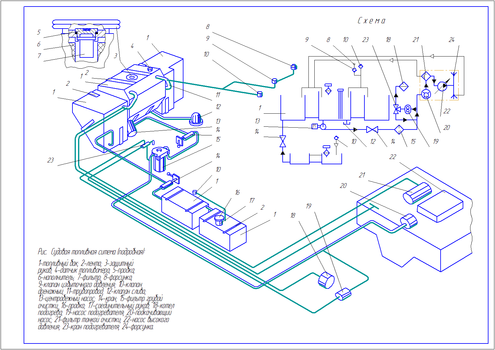 Чертеж Принципиальная топливная система судна (подробная)