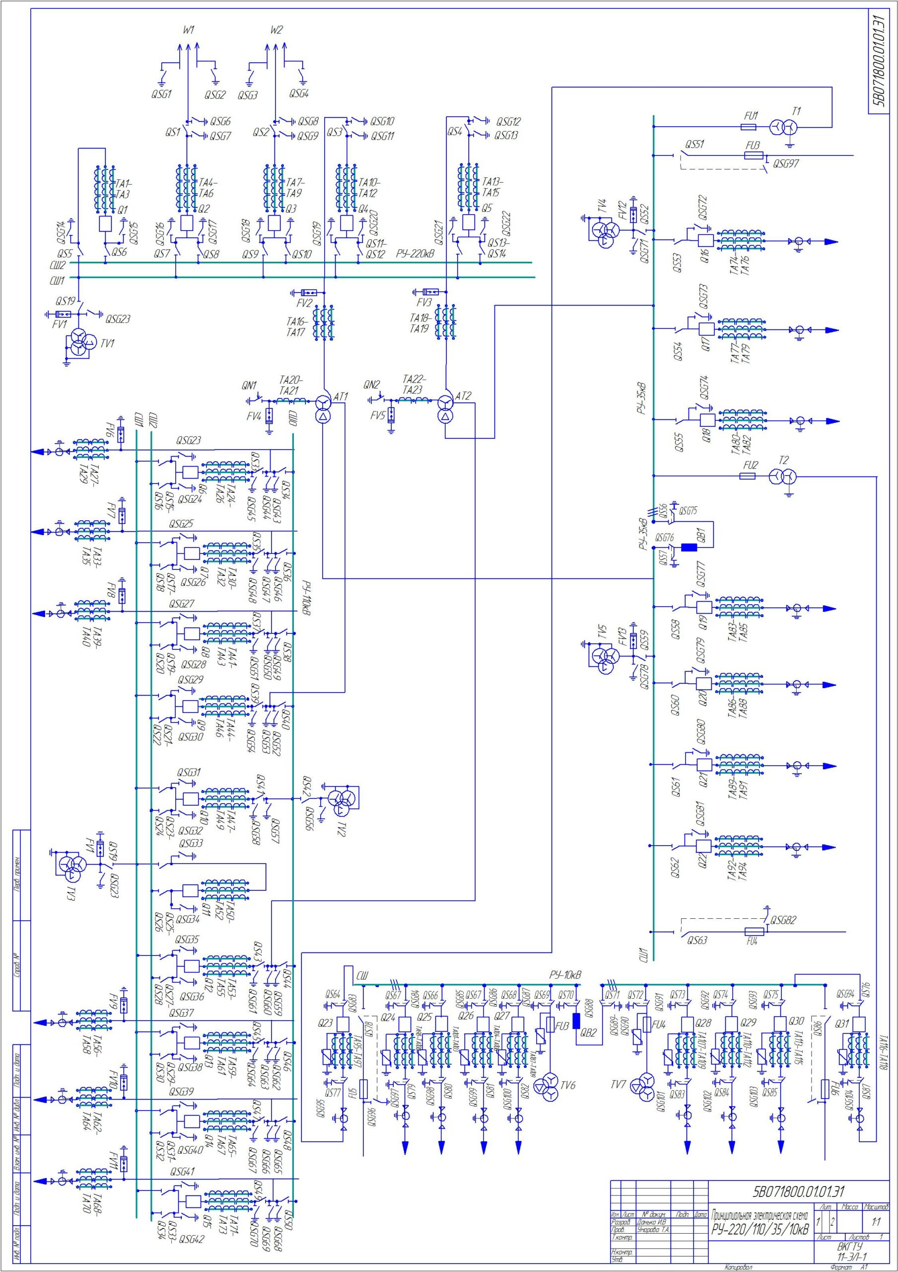 Чертеж Расчет электрической подстанции 220-110-35-10 кВ