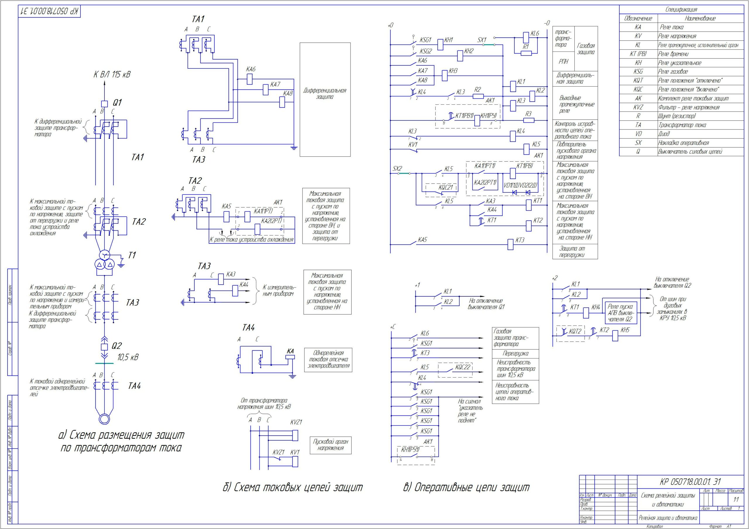 Чертеж Релейная защита и автоматика ПС 110/10/10 кВ