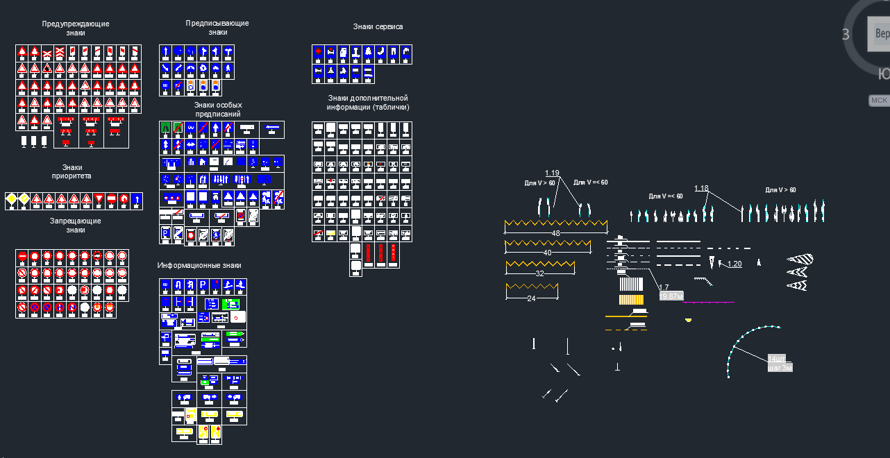 Чертеж Дорожные знаки и разметка. Блоки с параметрами