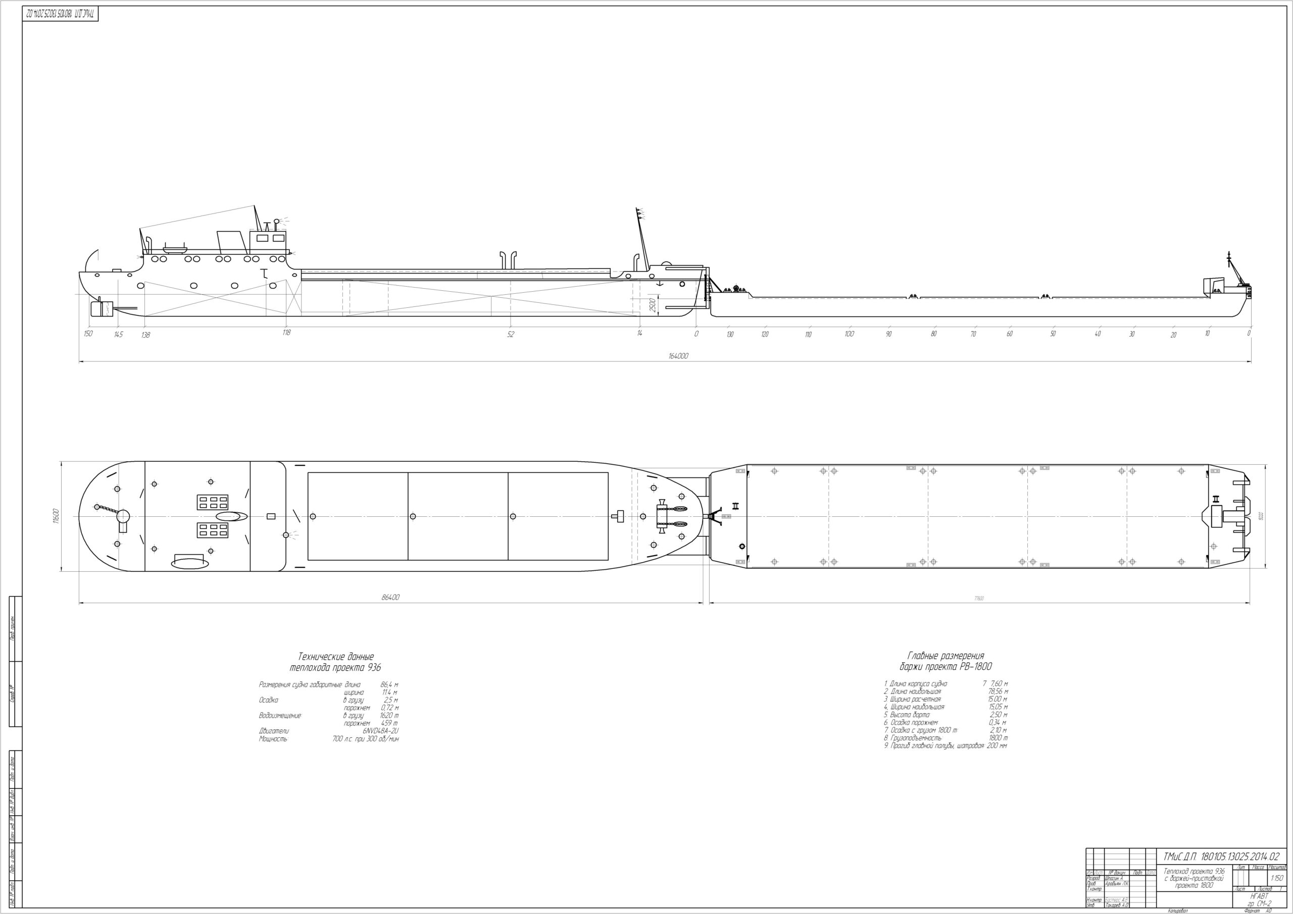 Чертеж Теплоход проекта 936 с баржей-приставкой проекта 1800