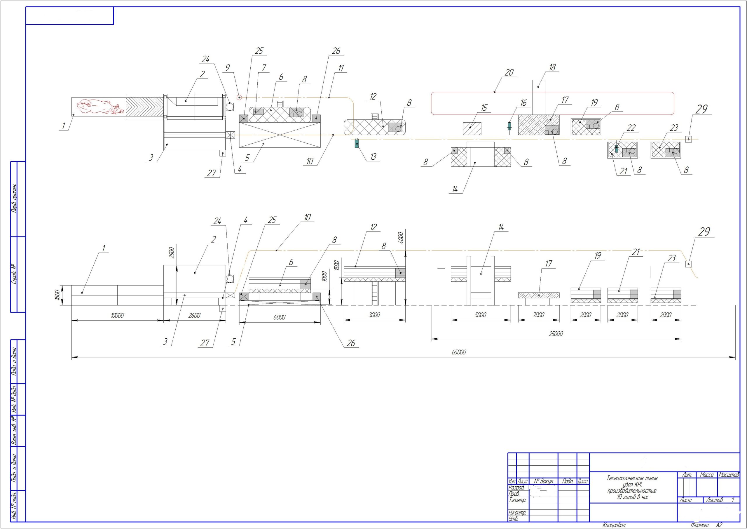 Чертеж Технологическая линия убоя и первичной переработки КРС мощностью 10 голов/час