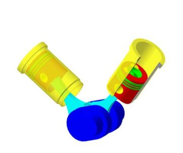 3D модель Анимация кривошипно-шатунного механизма V-образного типа 2-х цилиндрового ДВЗ