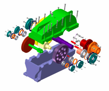 3D модель Сборка двухступенчатого цилиндрического редуктора. Косозубая и прямозубая передача.