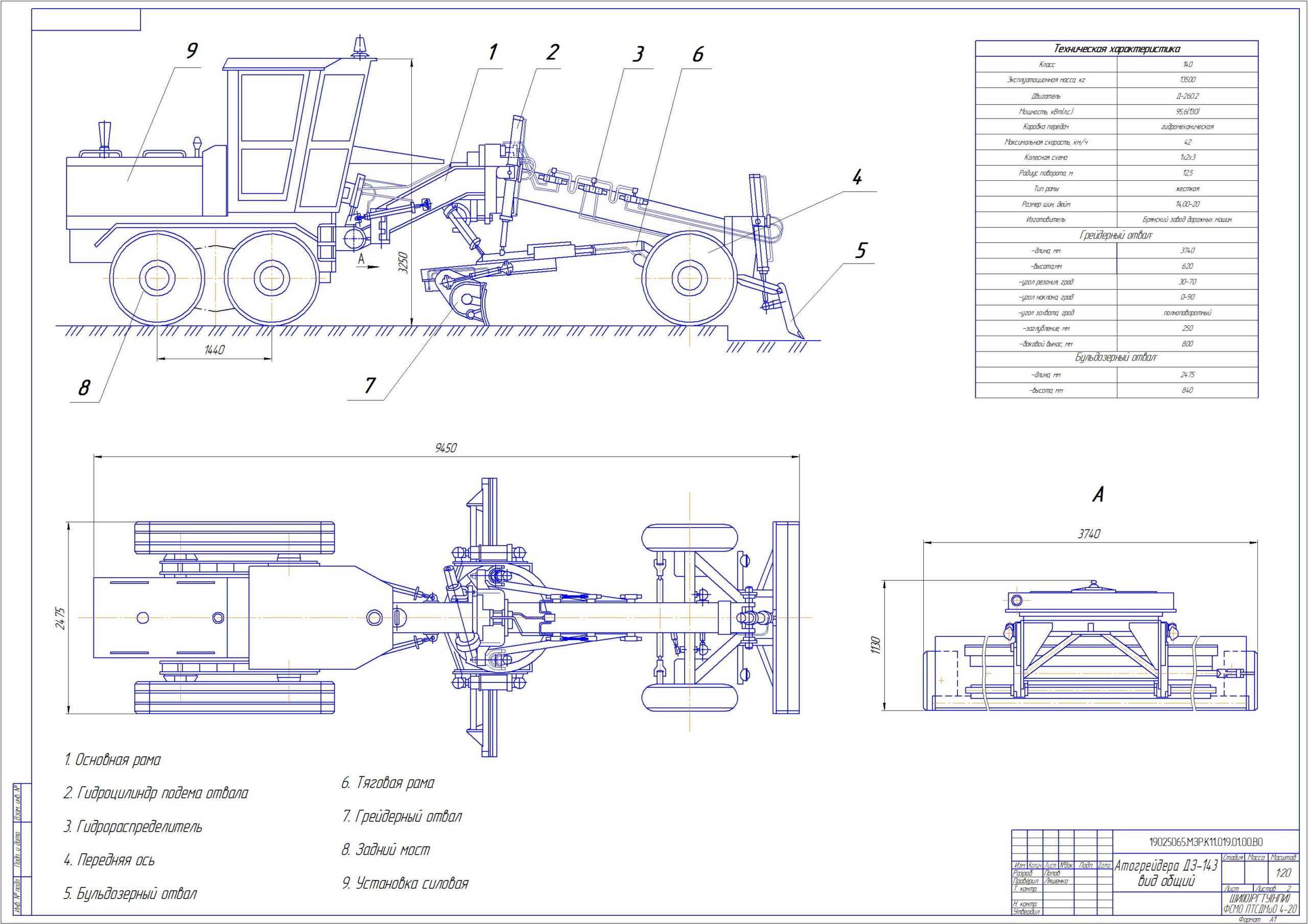 Чертеж Автогрейдер ДЗ-143 расчет производительности и описание.