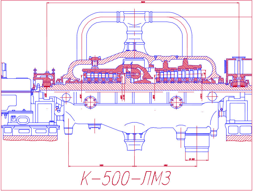 Чертеж Продольный разрез паровой турбины K-500 ЛМЗ