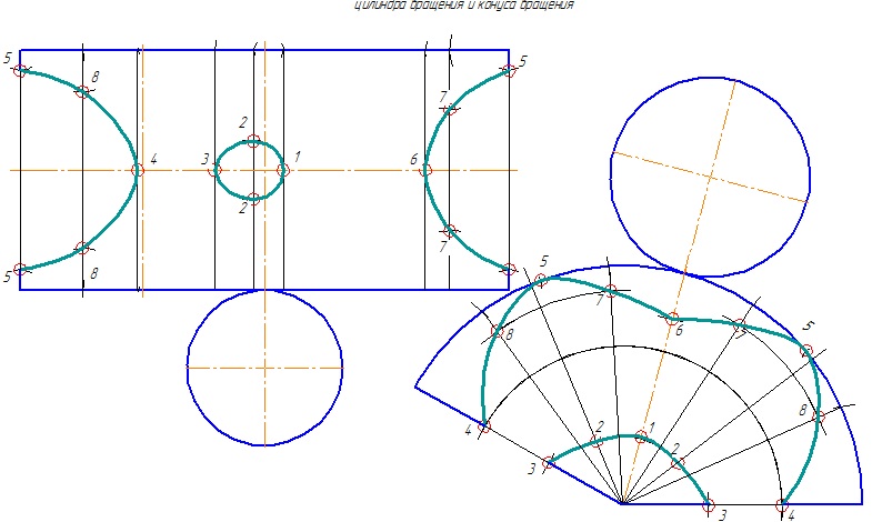 Чертеж Построение разверток пересекающихся цилиндра вращения и конуса вращения