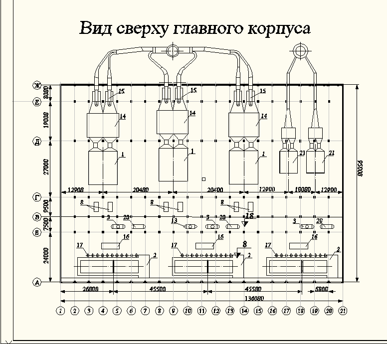 Чертеж Компоновка главного корпуса и поперечный разрез ТЭЦ