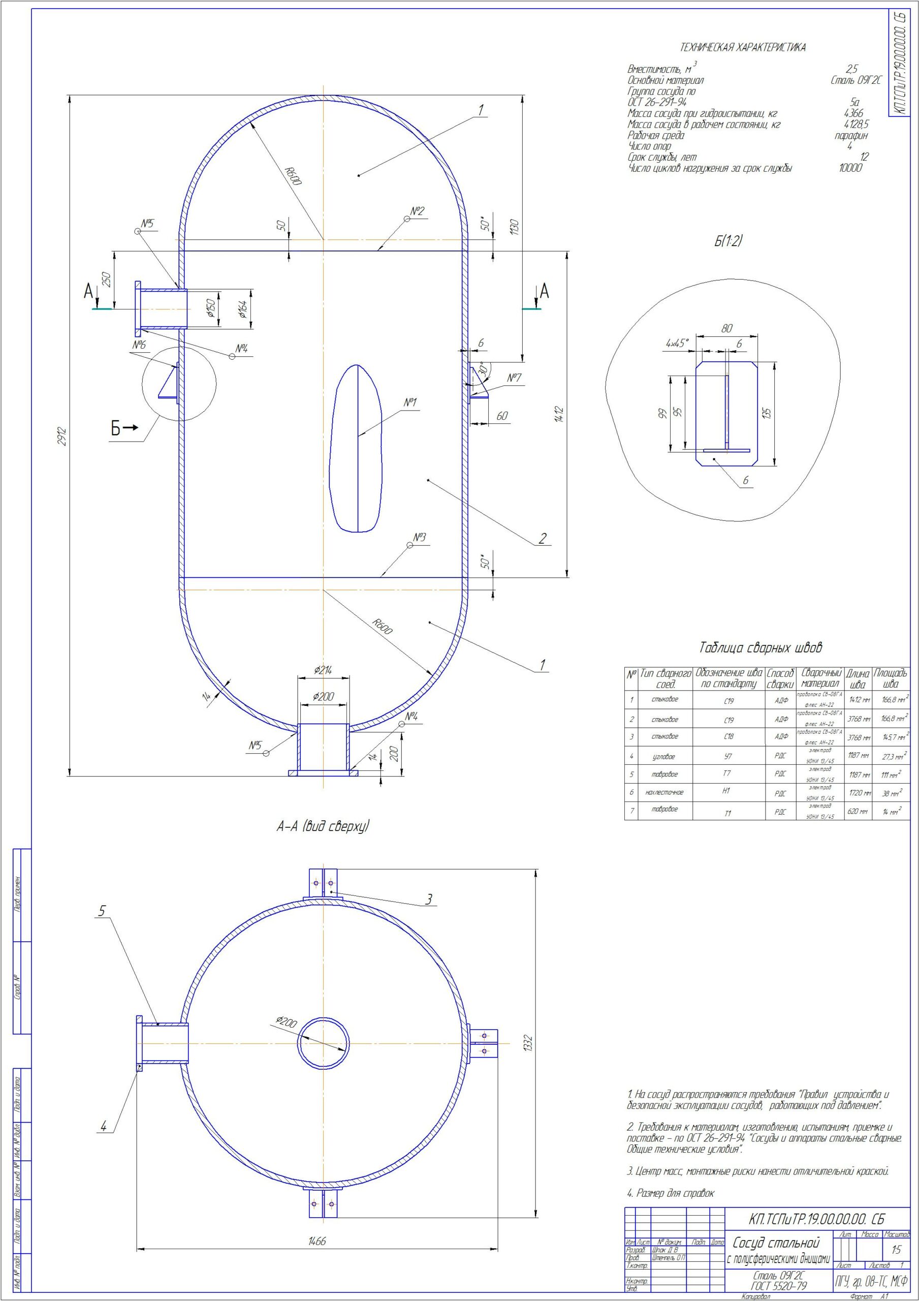 Чертеж Разработка технологического процесса сборки-сварки сосуда стального с полусферическими днищами