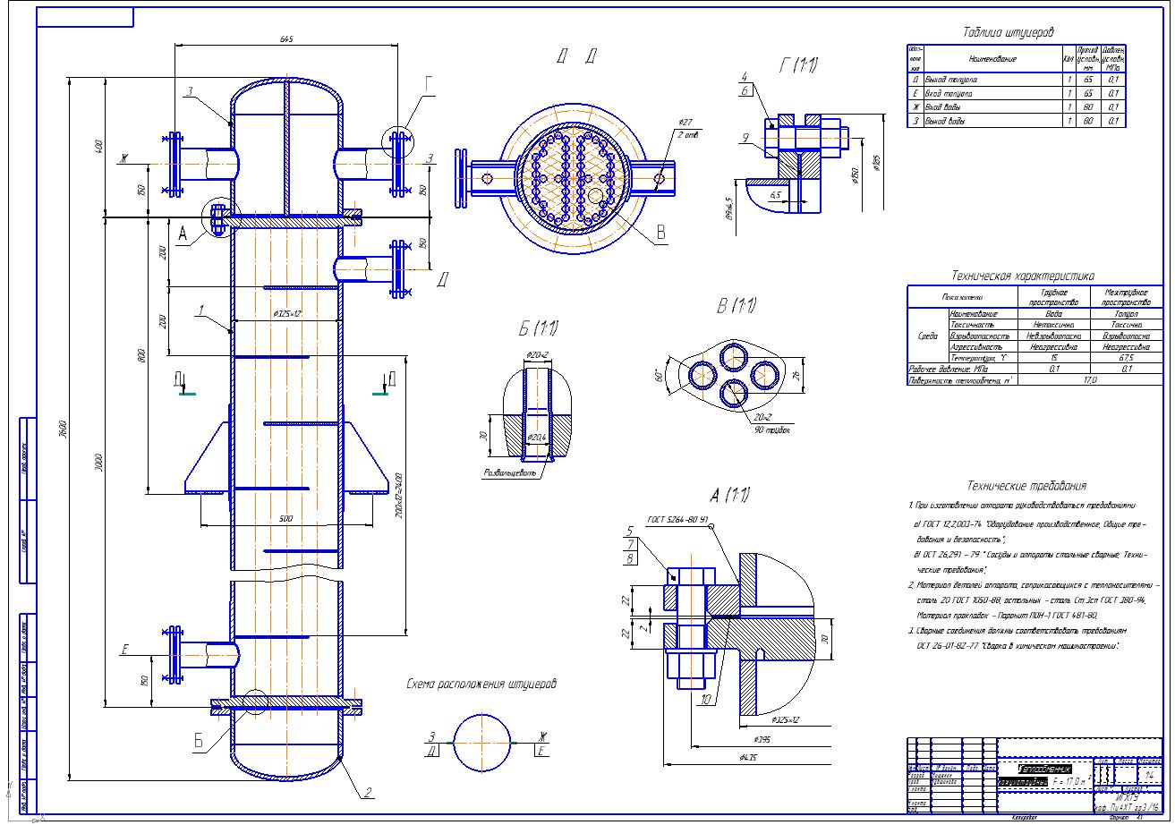 Чертеж Расчет кожухотрубного теплообменника для охлаждения 15 м3/час толуола