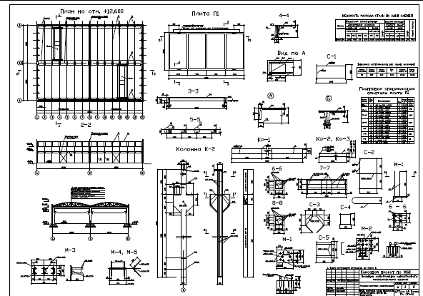 Чертеж КП "Несущие конструкции одноэтажного здания с железобетонным каркасом"