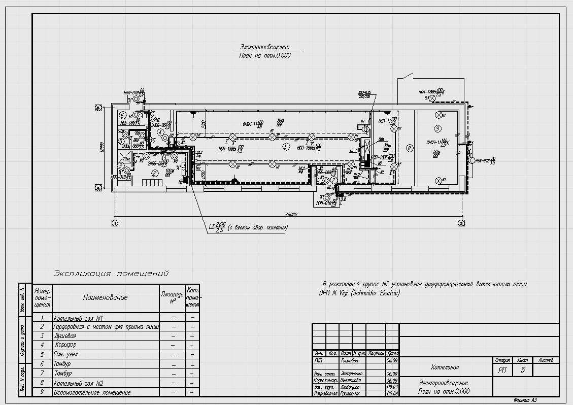 Чертеж силовое оборудование и электроосвещение котельной