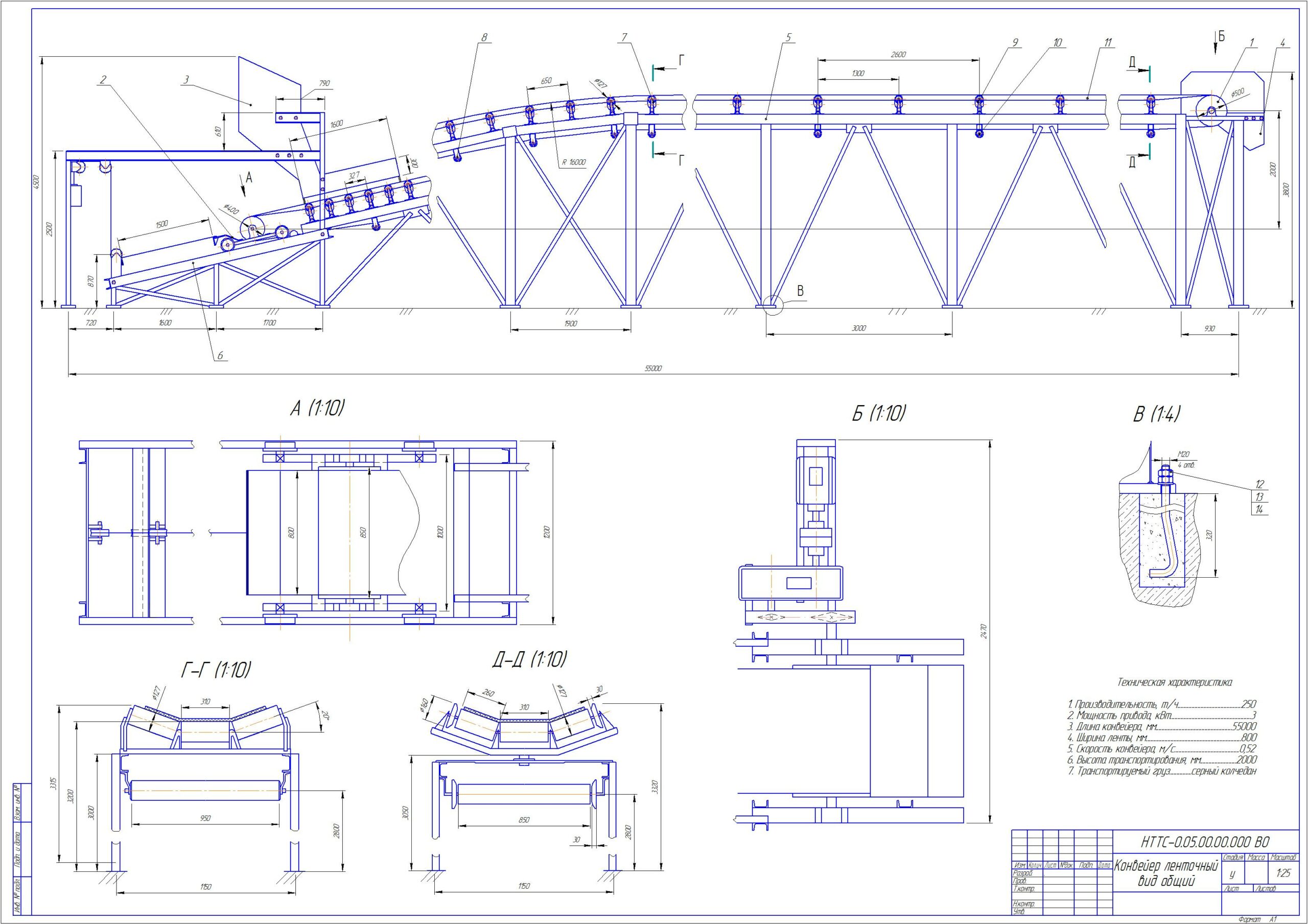 Чертеж Проектирование и расчёт ленточного конвейера длиной 55 м