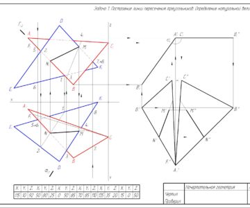 Чертеж Построение линии пересечения треугольников, Нахождениена натуральное величины