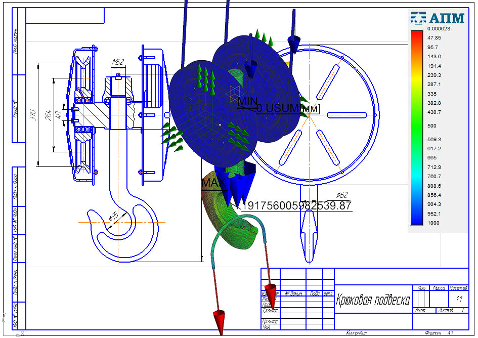 3D модель Расчет элементов конструкции крюковой подвески с использованием АРМ FEM Прочностной анализ САПР Компас