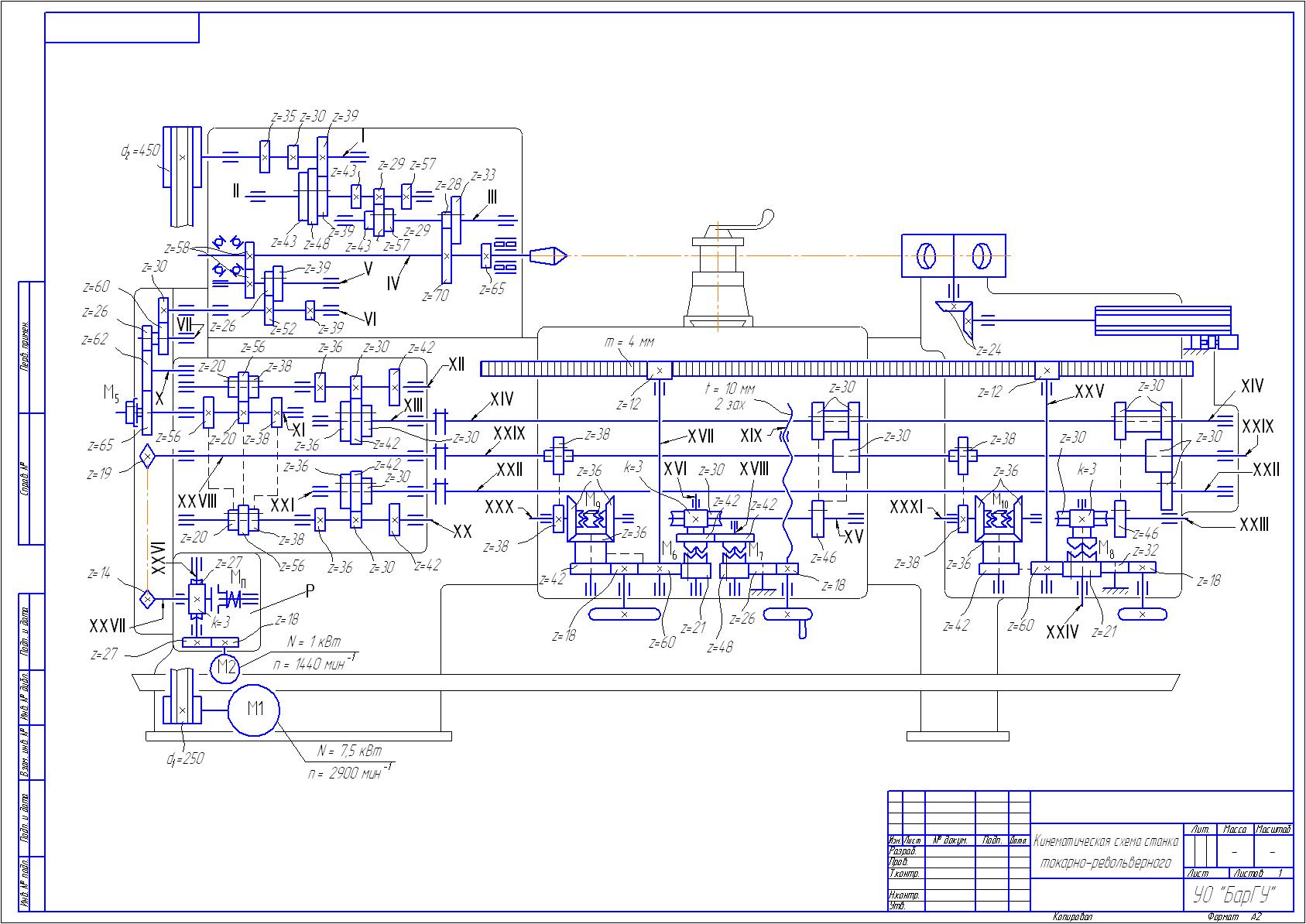 Чертеж Разработка кинематической схемы токарно-револьверного станка 1336M