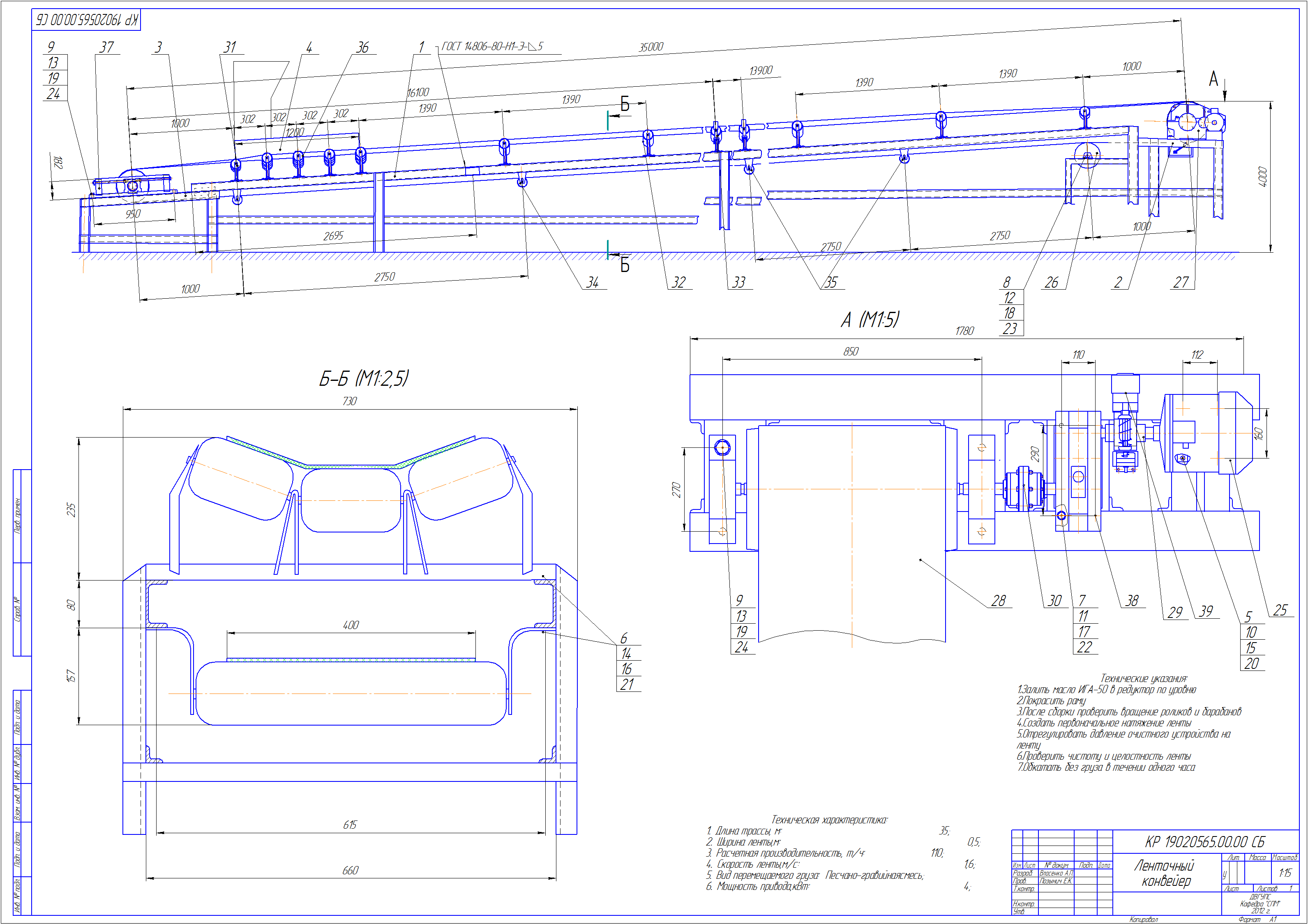 Чертеж Расчет ленточного конвейера (массовая производительность 110т/ч, длина трассы 35метров)