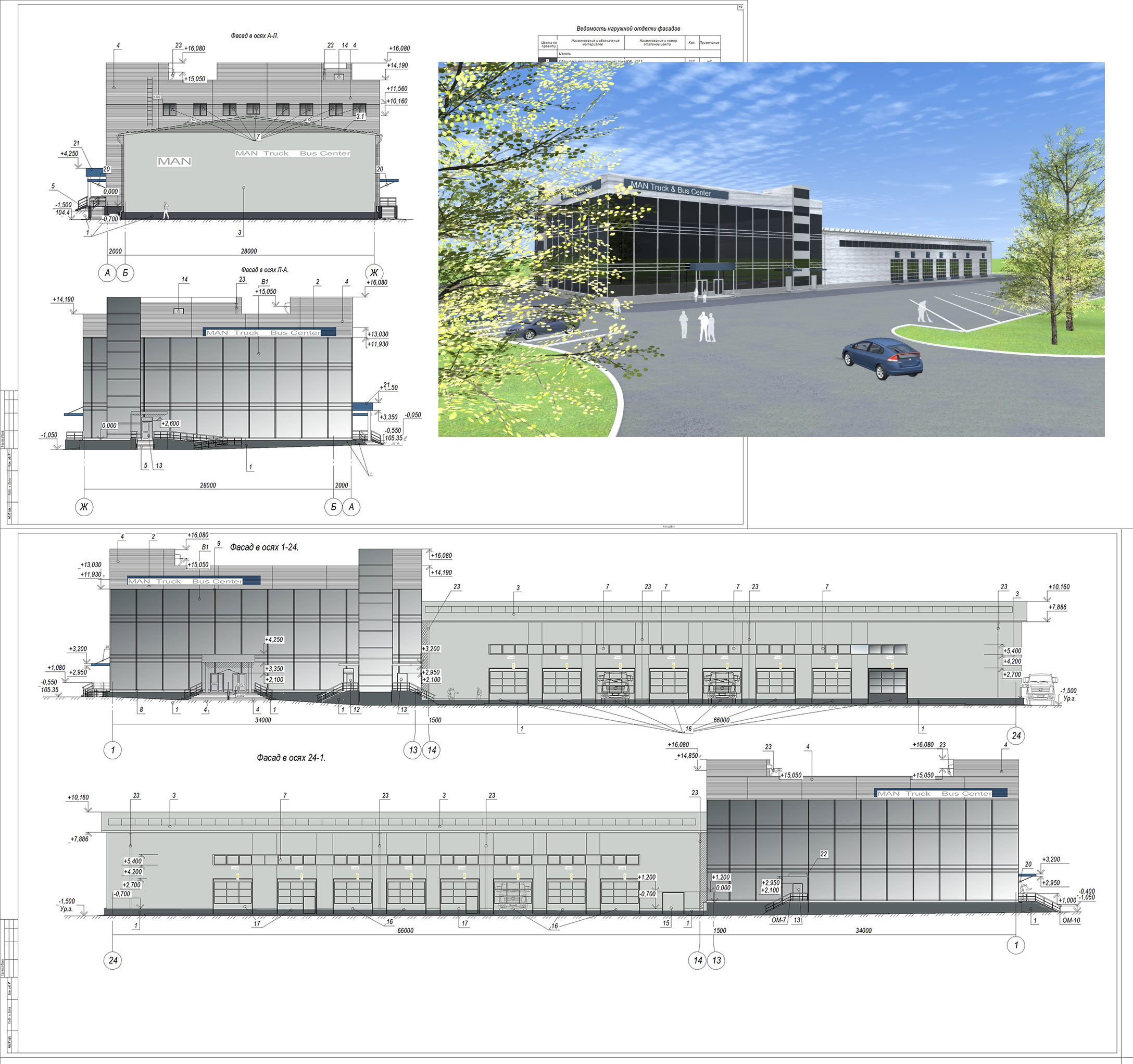 Чертеж Пример фасадного решения автоцентра МАН Трак