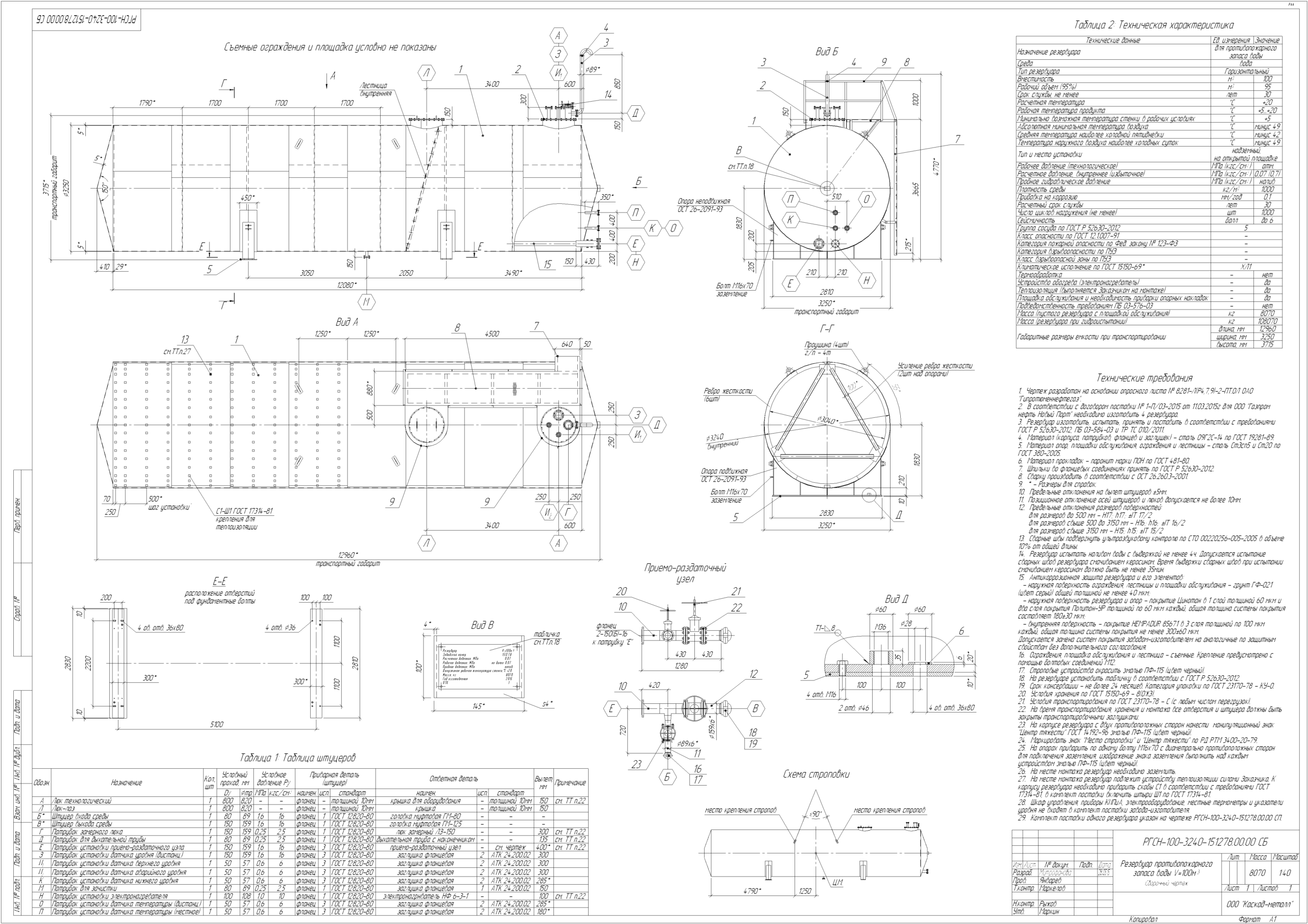 Чертеж Деталировочные чертежи резервуара горизонтального стального надземного емкостью 100 куб.м. для воды РГСН-100-3240-КМД