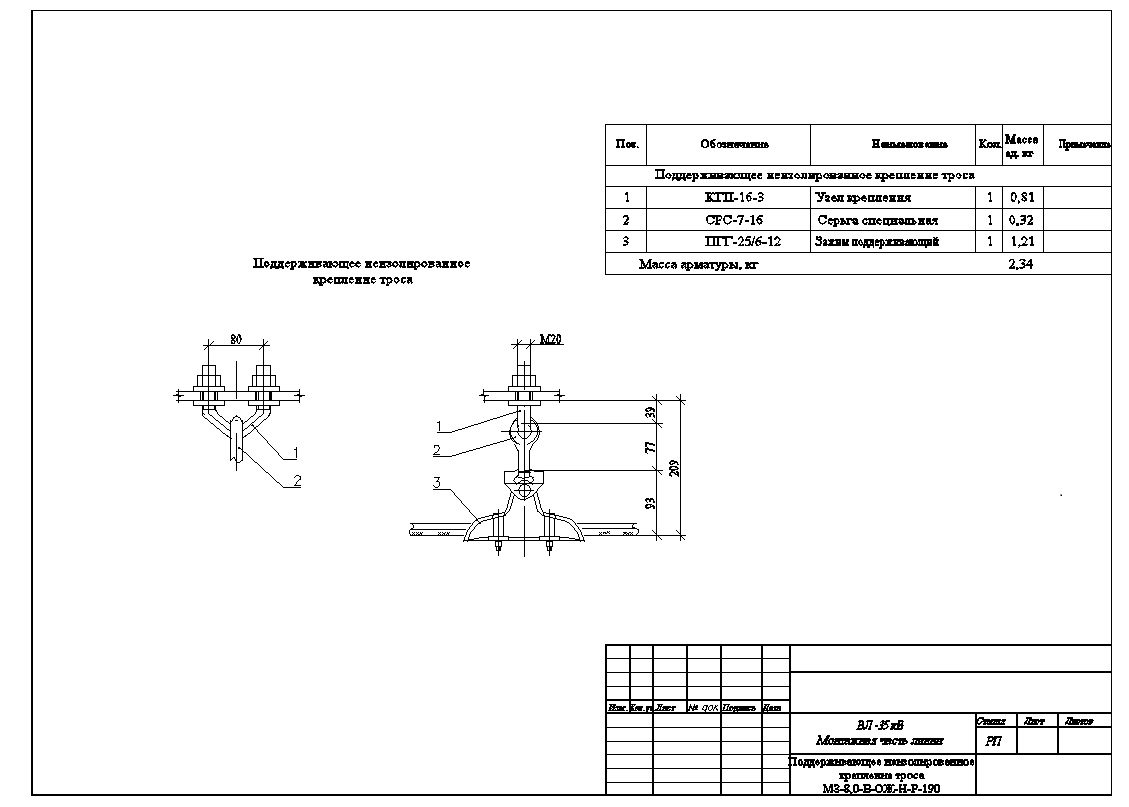 Чертеж Поддерживающее неизолированное крепление троса МЗ-8,0-В-ОЖ-Н-Р-190 (ВЛ-35кВ)