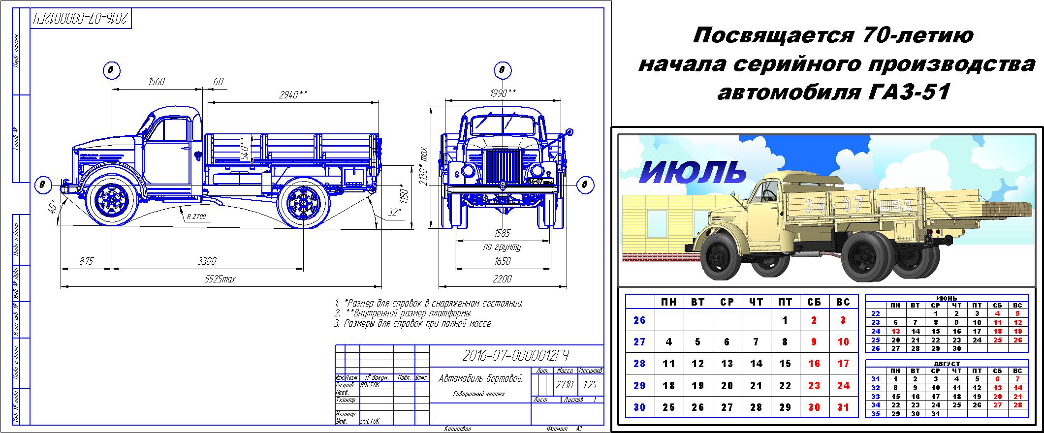 Чертеж Габаритный чертеж автомобиля ГАЗ-51А (производства 1955-1956гг.) и квартальный календарь на июль 2016