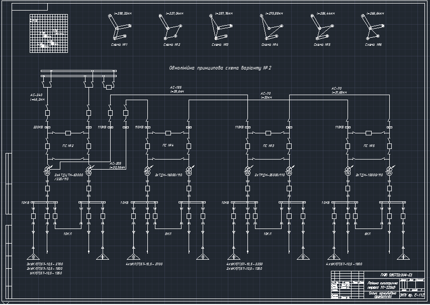 Чертеж Схема районной сети 10-220 кВ