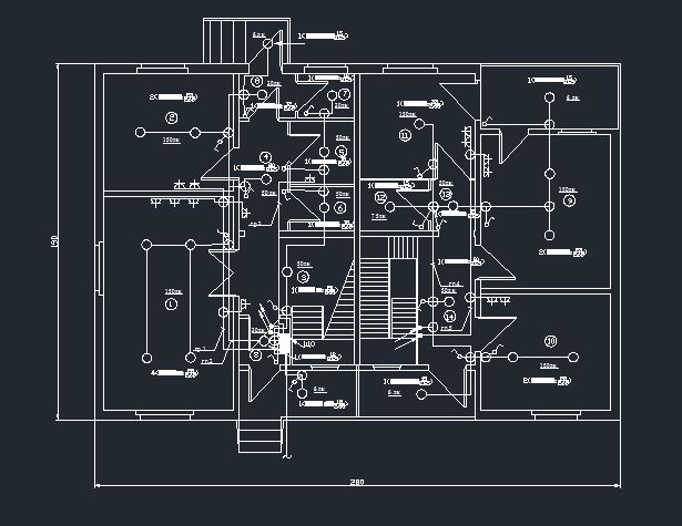 Чертеж Электрическое освещение. План 2-х этажного 2-х квартирного дома.