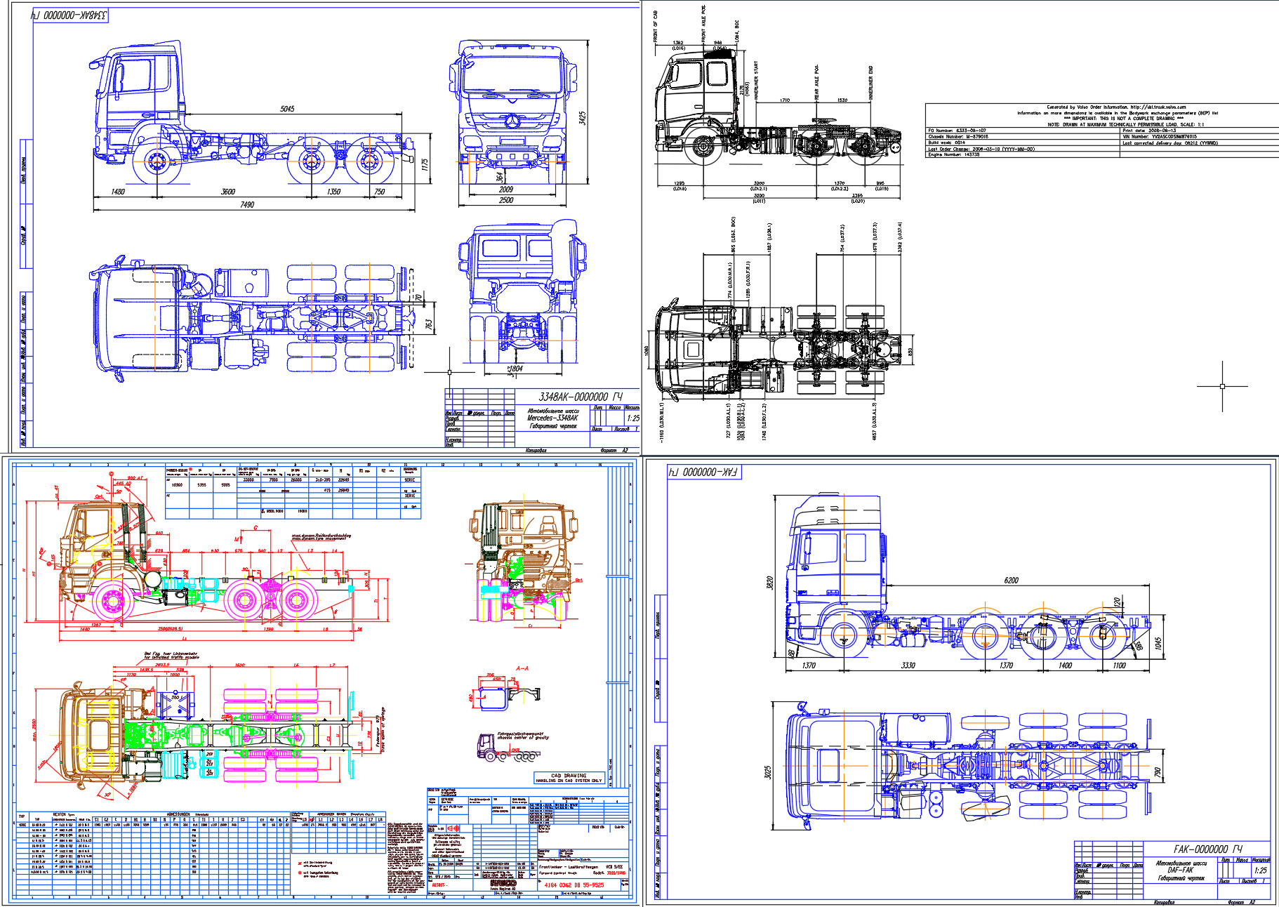 Чертеж Габаритные чертежи шасси Volvo, Mercedes, DAF, IVECO