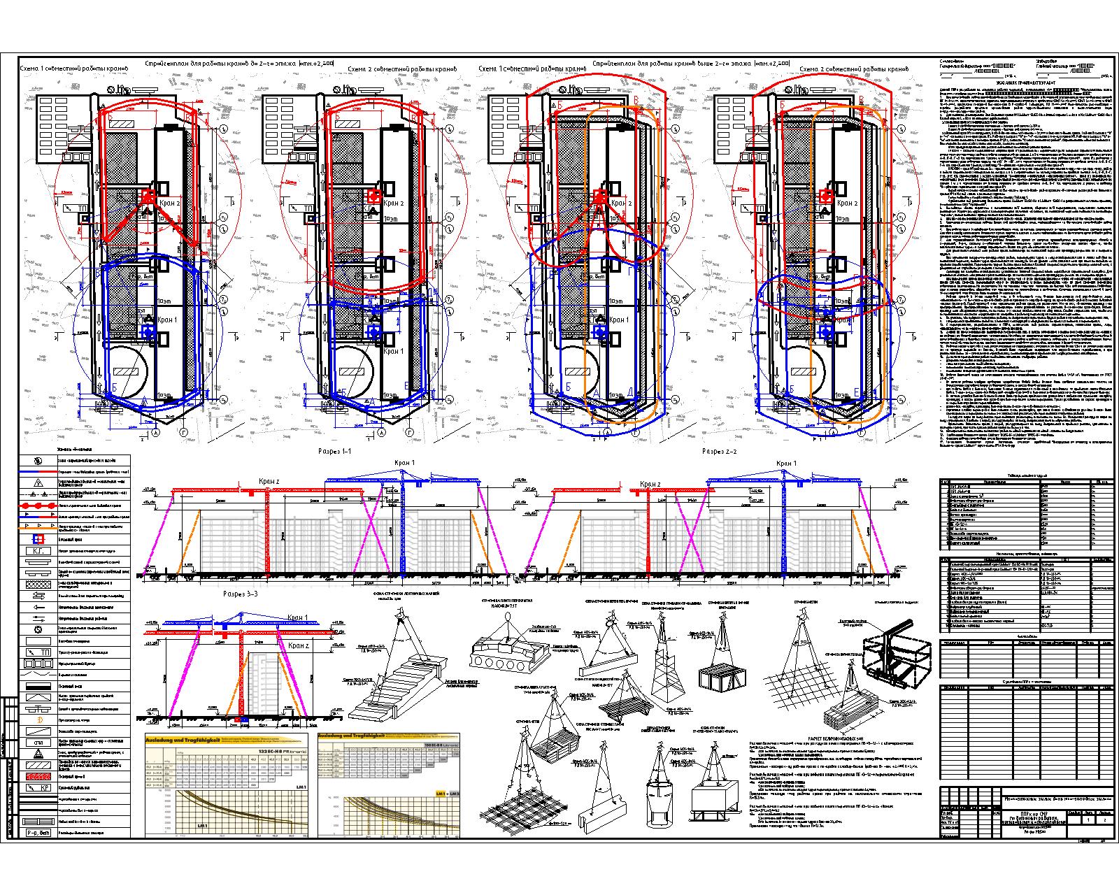 Чертеж ППРк. 10 этажный жилой дом. Совместная работа башенных кранов Liebherr 150 и 132
