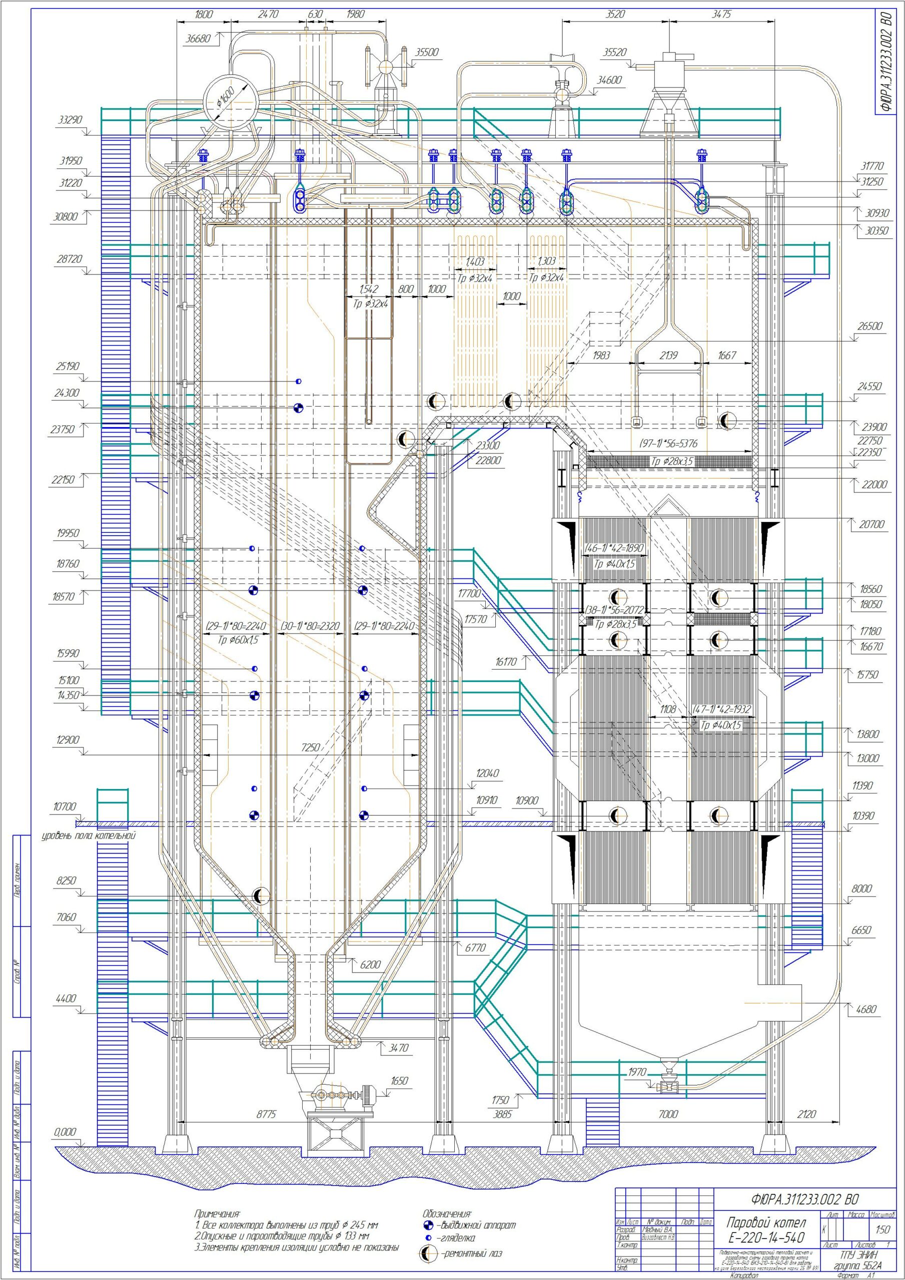 Чертеж Поверочно-конструкторский расчет парового котла E-220-14-540 (БКЗ-210-14-8)