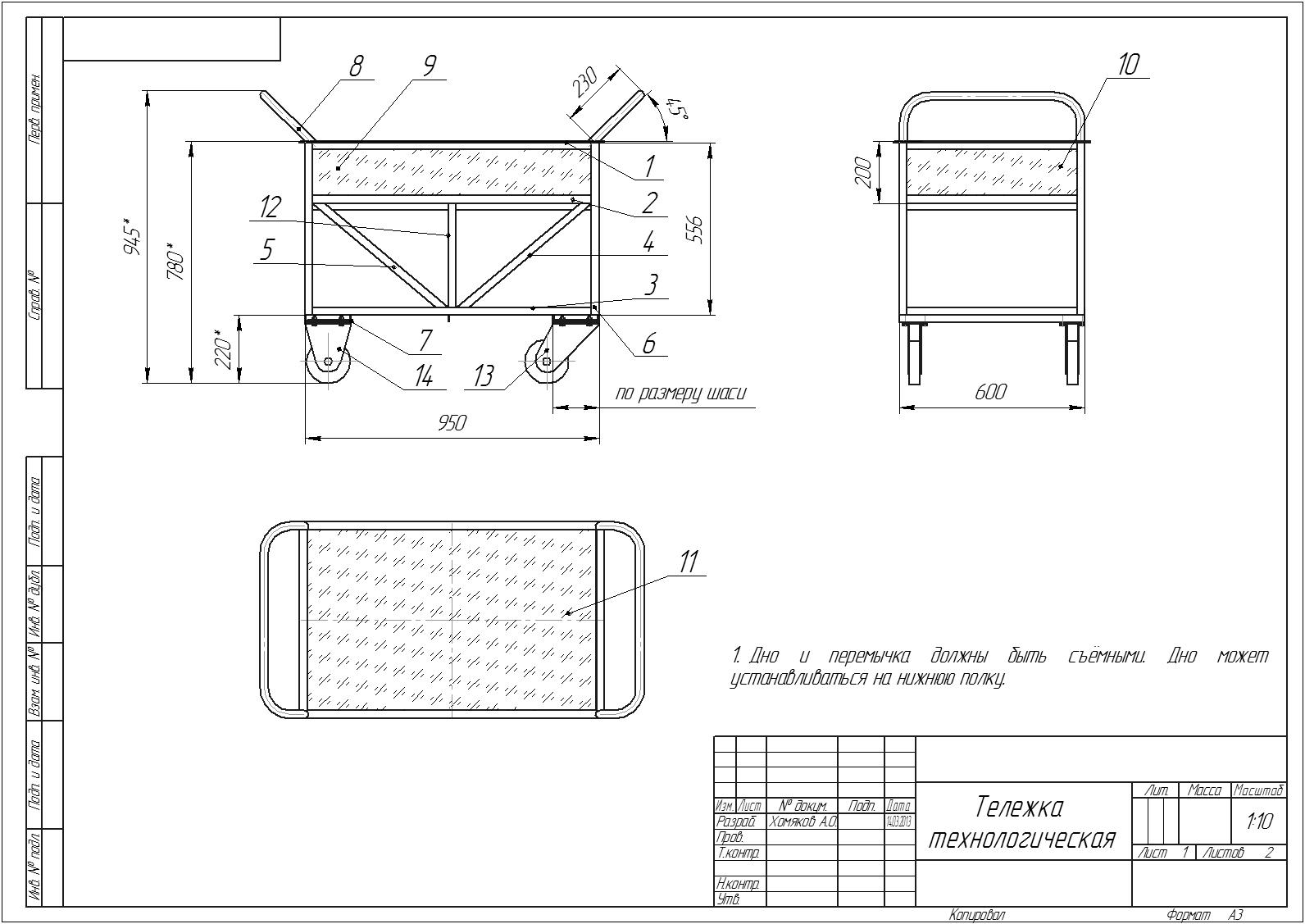 Чертеж Тележка технологическая 556х600х950