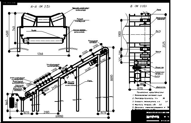 Чертеж Расчет ленточного конвейера 58 м, высота 8 м