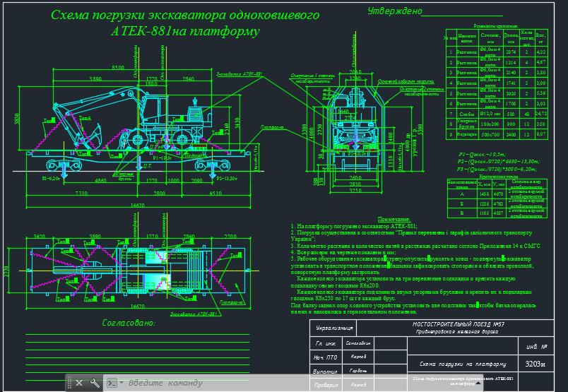 Чертеж Cхема погузки экскаватора АТЕК-881 на ж.д платформу