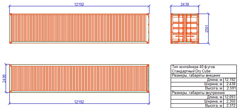 Чертеж Контейнера стандартный 40 футов (Dry Cube)