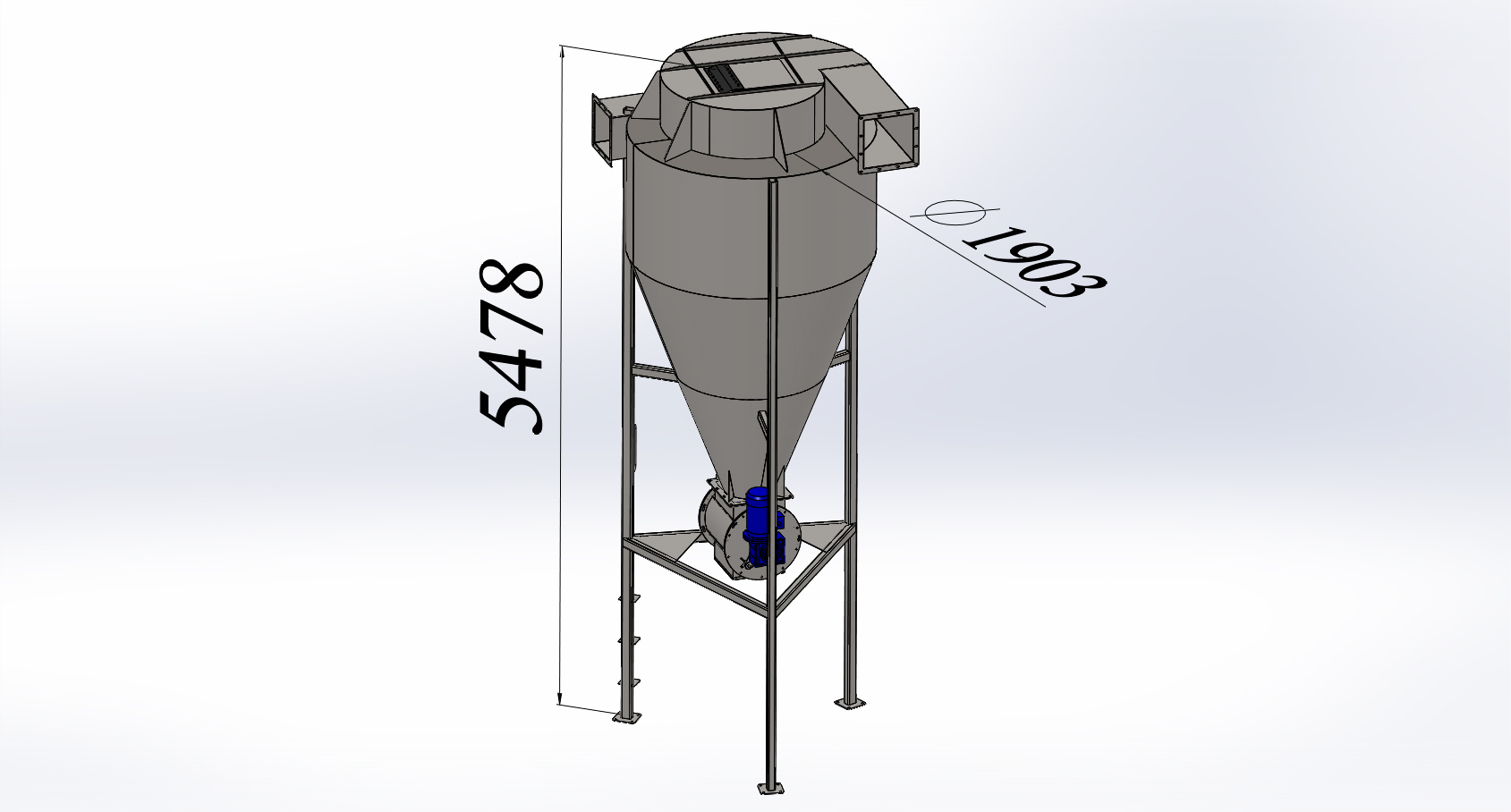 3D модель Циклон Н=5500 диаметр 1900мм со шлюзовым затвором.