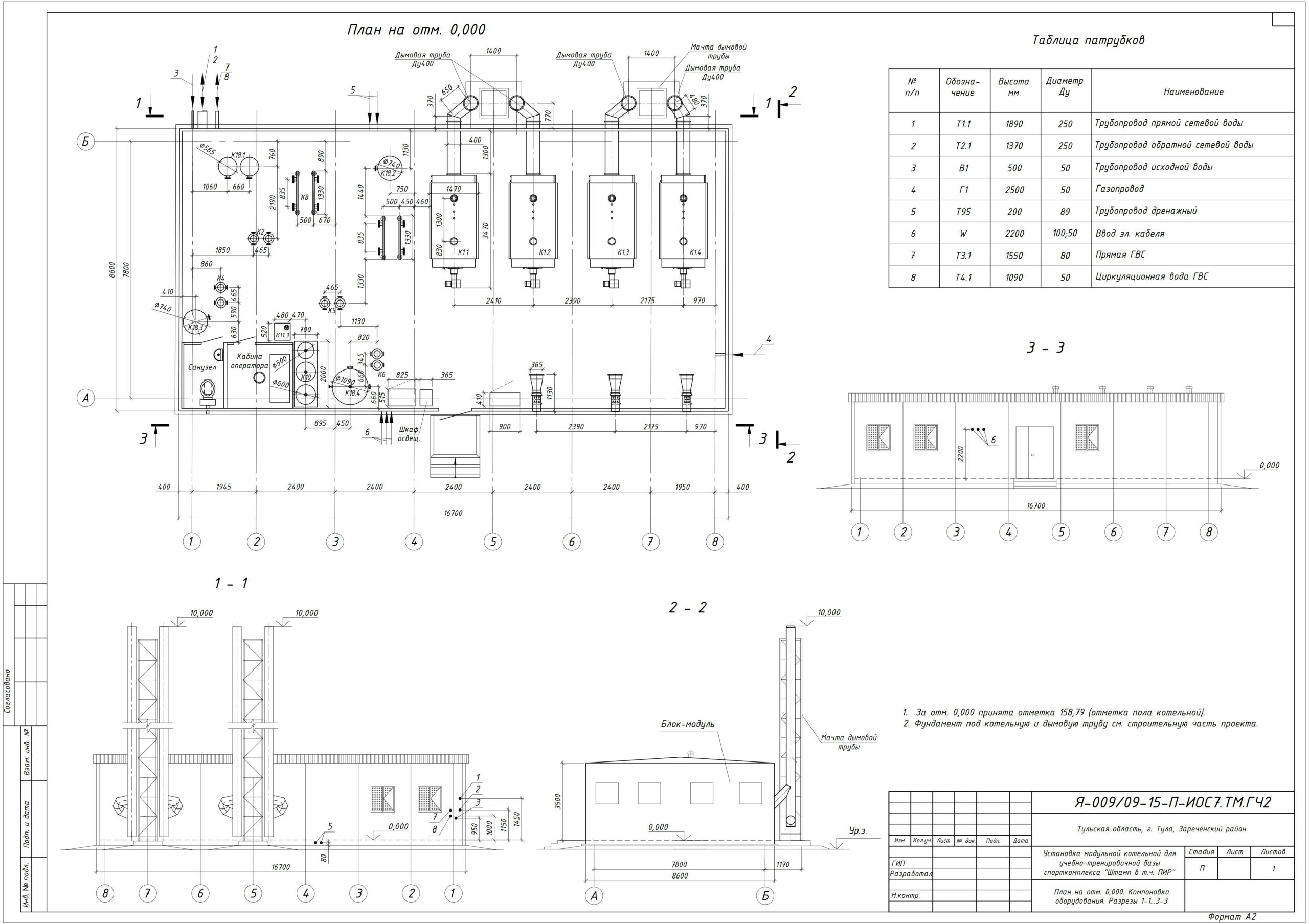 Чертеж Тепломеханический раздел (ТМ) Установка модульной котельной для учебно-тренировочной базы спорткомплекса ТКУ-5,6 МВт/ч