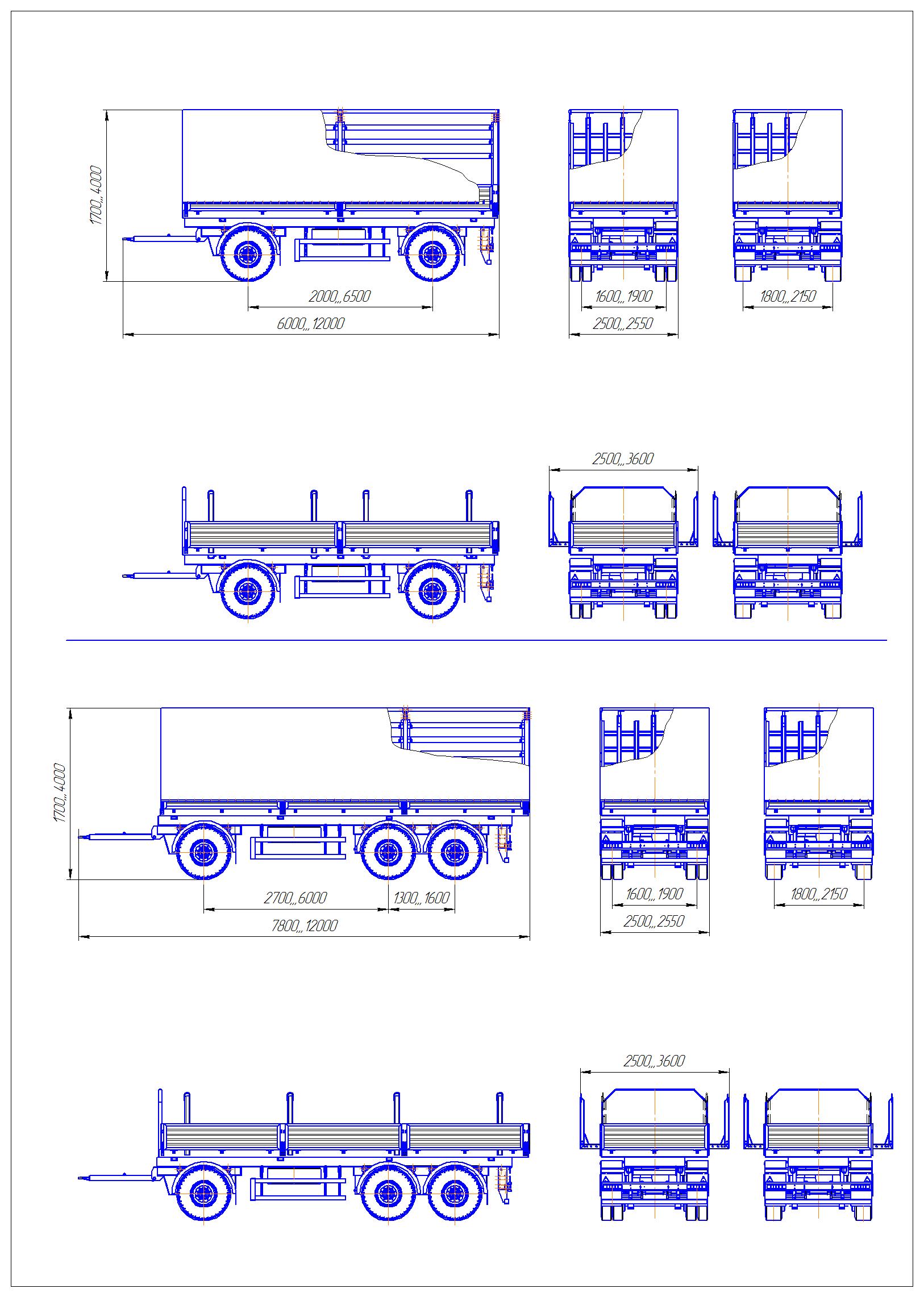 Чертеж ПБ (прицепы бортовые)- габаритные чертежи