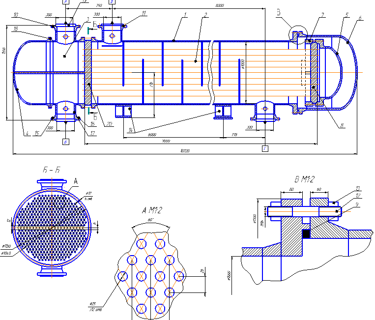 Чертеж Проект горизонтального кожухотрубного теплообменника с плавающей головкой 1000 ТПГ-2.5-М2 / 25Г-9-Т-2-В