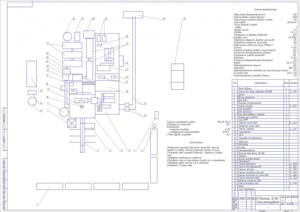 Чертеж Буровая установка "Уралмаш 3Д-86" Схема размещения