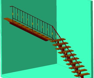 3D модель Лесница с кованными перилами размер площадки 4000х3700 мм. высота 3600 мм.