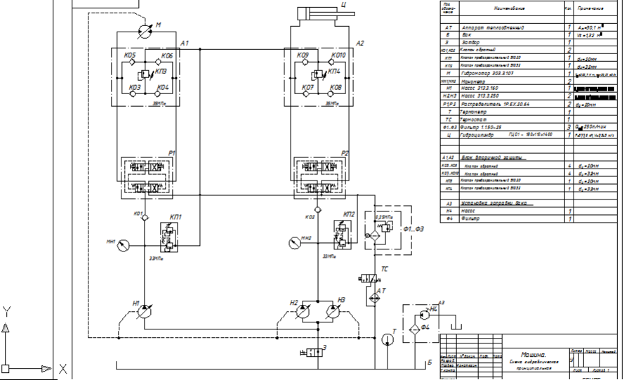 Чертеж Объемный гидропривод машины. Курсовая работа по дисциплине Гидравлические и пневматические системы