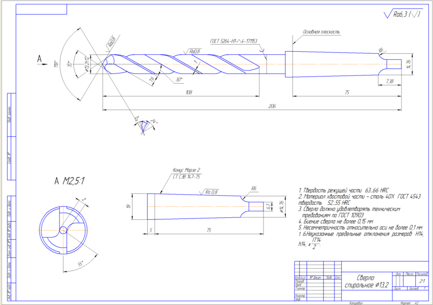 Чертеж Сверло спиральное диаметром 13,2
