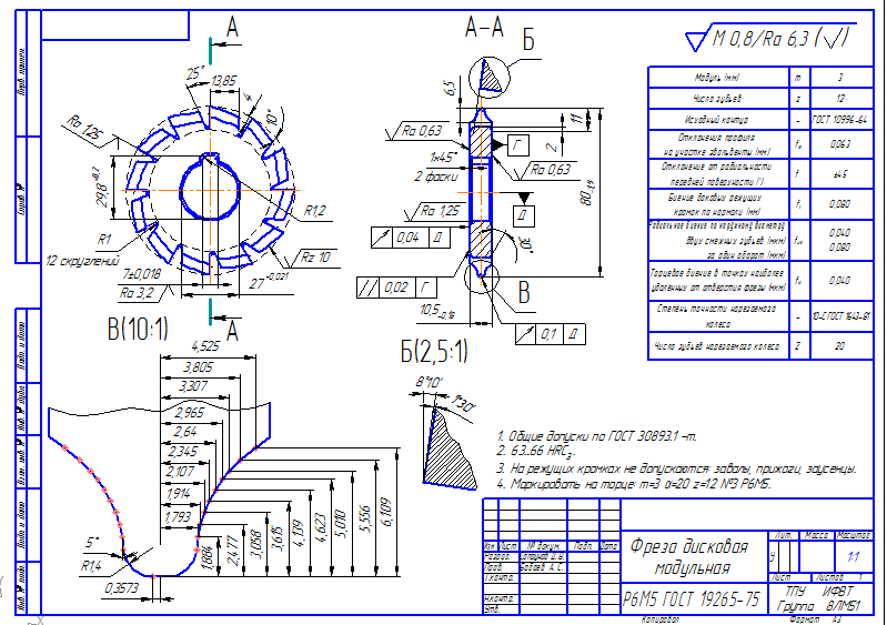 Чертеж Проектирование дисковой модульной фрезы(m=3, z=20). Курсовой проект