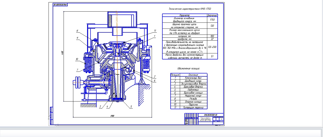 Чертеж Конусная дробилка мелкого дробления КМД-1750
