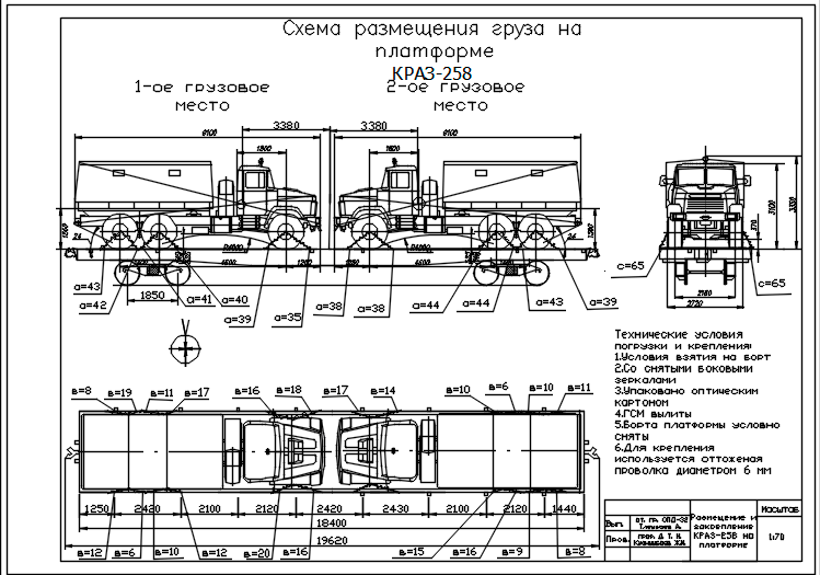 Чертеж Размещение на закрепление КРАЗ-258 на платформе