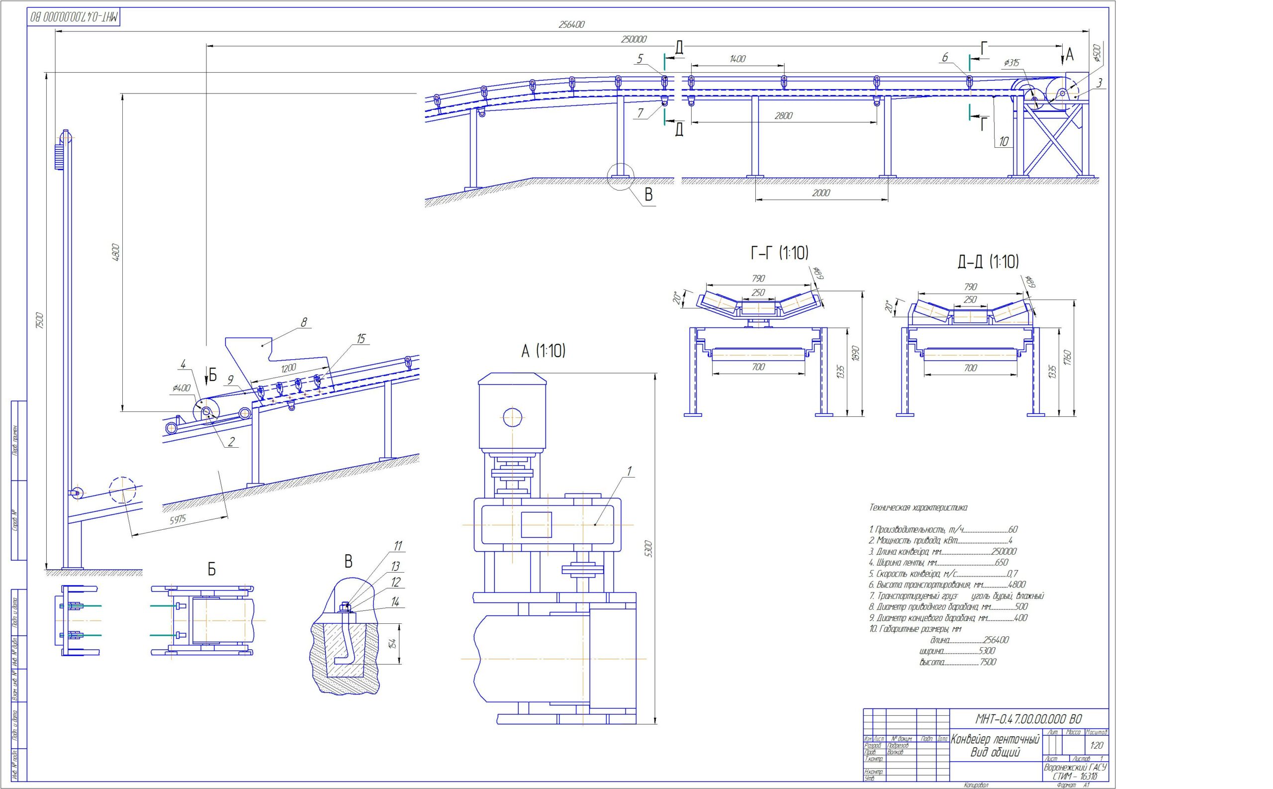 Чертеж Проектирование и расчет ленточного конвейера 250 м