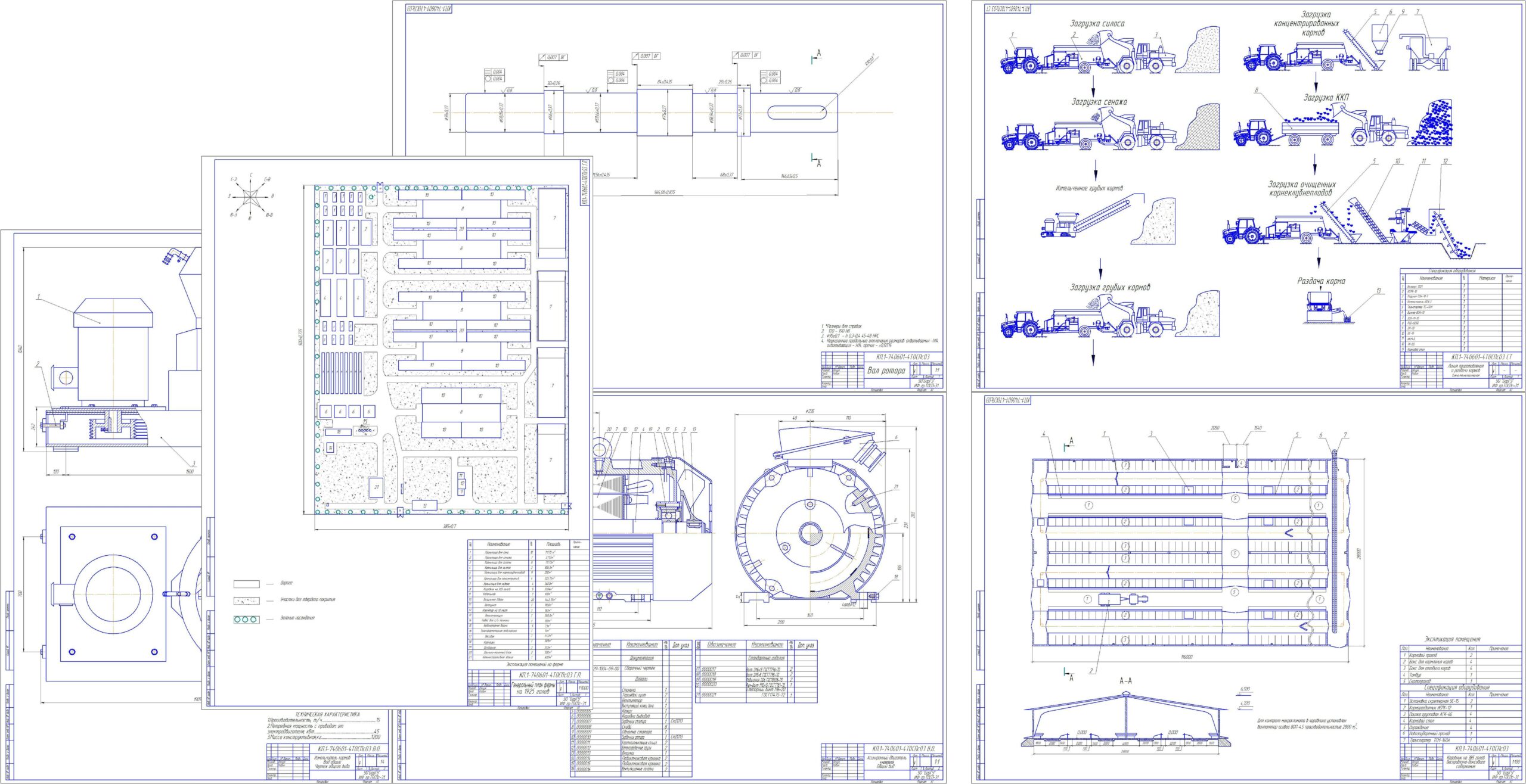 Чертеж Комплексная механизация молочной фермы на 1925 голов с усовершенствованием измельчителя смесителя ИСК-3