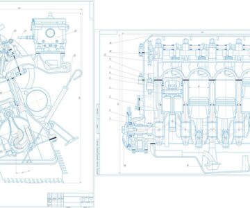 Чертеж Продольный и поперечный разрезы двигателя