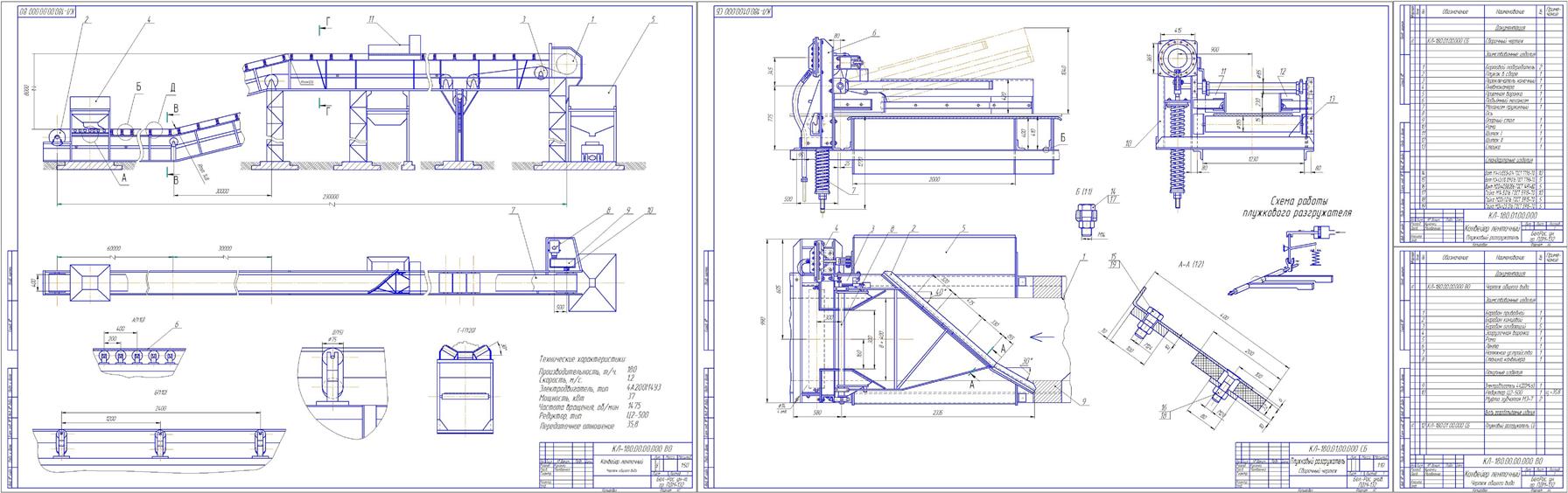 Чертеж Ленточный конвейер с плужковым разгружателем