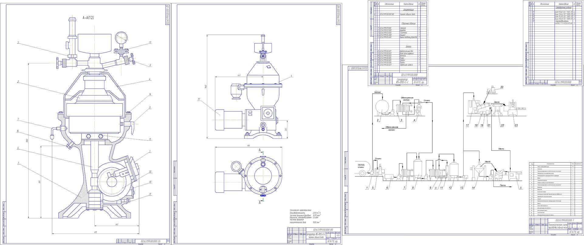 Чертеж Линия производства сливочного масла с расчетом сепаратора-молокоочистителя Ж5-ОМ2-Е-С